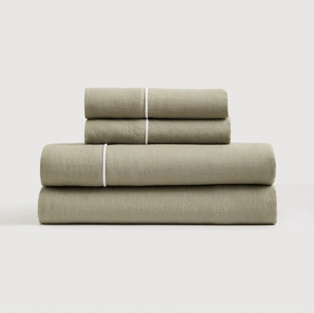 Quince Olive Green Sheet Set with White Trim
